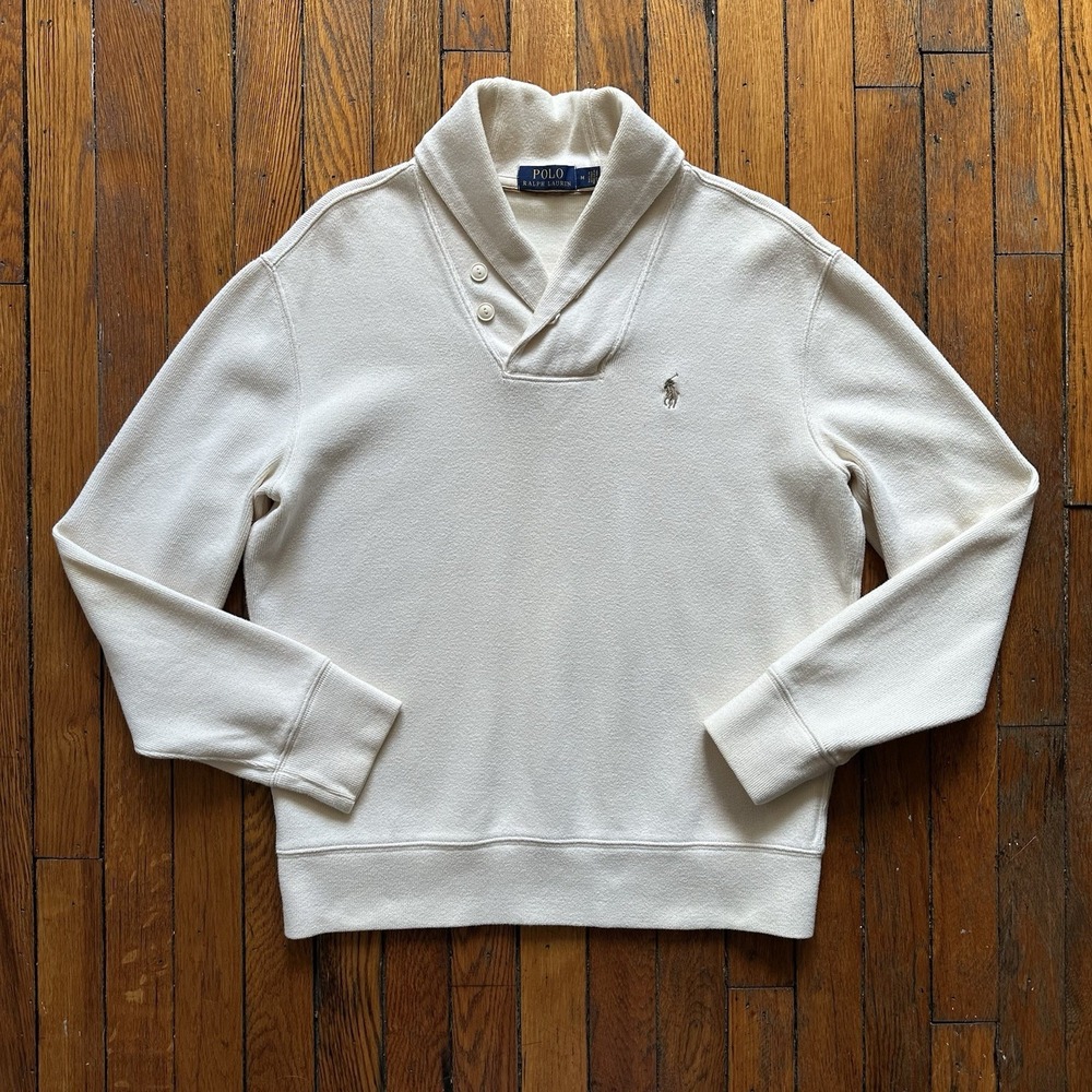 Polo‎ Ralph Lauren Shawl Neck Jumper Sweater Men M Cream Ivory Preppy Blokecore